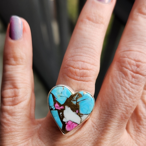 925 Sterling Silver Jewelry - Handmade Sterling Silver 925 Cotton Candy Turquoise Heart Ring Size 6